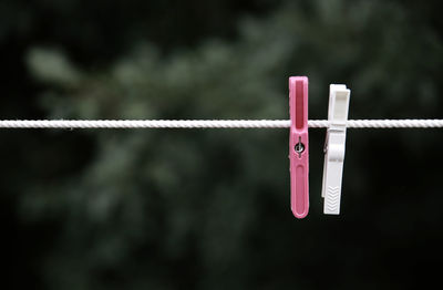 Close-up of clothespins hanging on clothesline