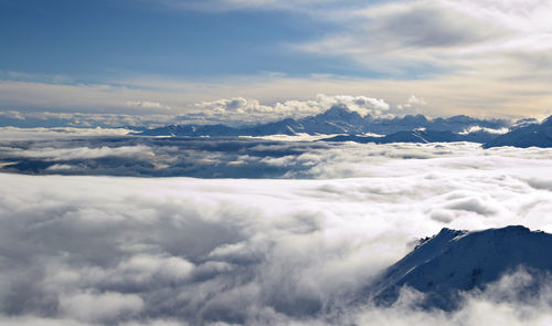 Aerial view of snowcapped mountains against sky