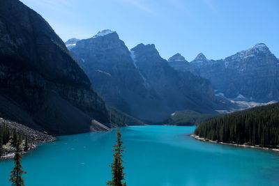 Panoramic view of lake and mountains against blue sky