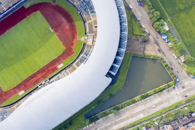 High angle view of swimming pool by lake