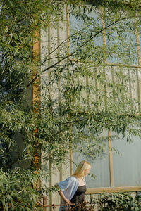 Man standing by plants in forest