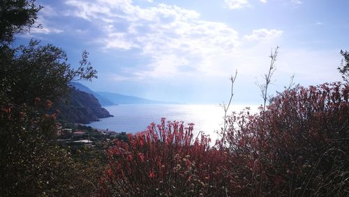 Scenic view of sea and mountains against sky