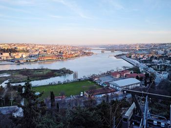 High angle view of river by town against sky