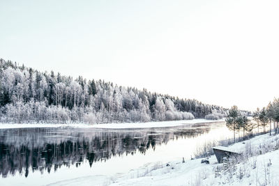 Scenic view of lake against clear sky during winter