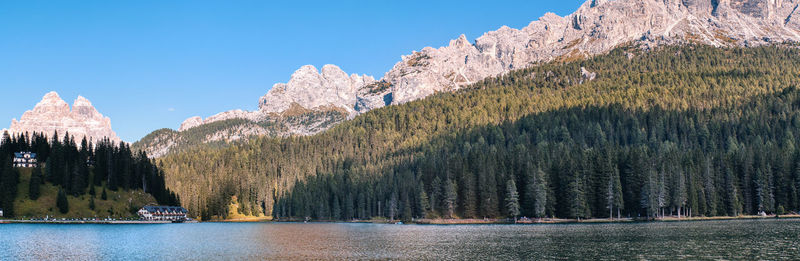 Scenic view of lake by trees against sky