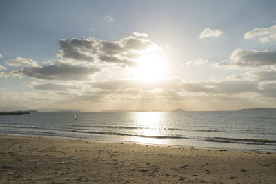 Scenic view of beach against sky during sunset