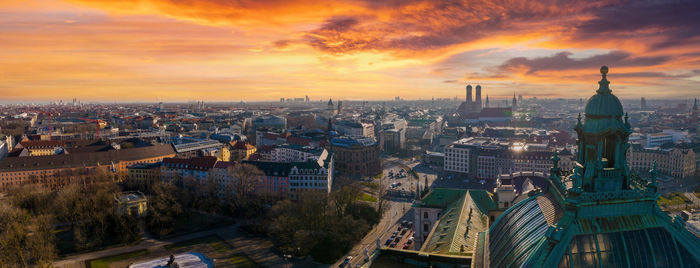 Munich aerial panoramic architecture, bavaria, germany at sunset