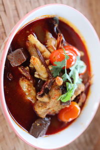 High angle view of food in bowl on table