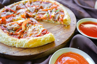 High angle view of pizza on table