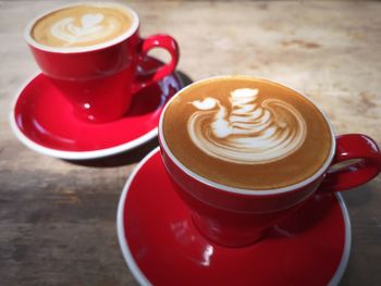 Close-up of cappuccino served on table
