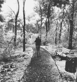 Rear view of man and dog against trees