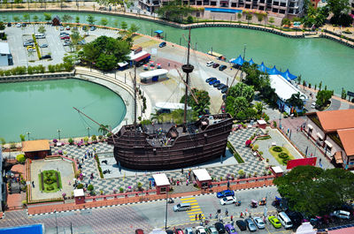 High angle view of city buildings