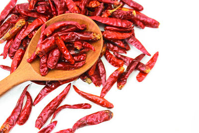 High angle view of red chili peppers against white background