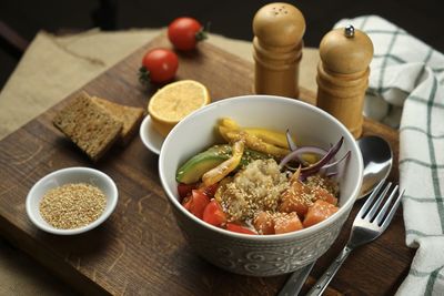 High angle view of food in bowl on table