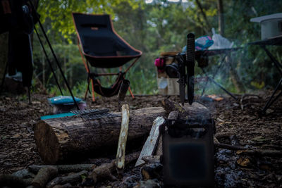 Wooden log on field against trees in forest