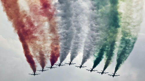 Aerobatic team in close formation releasing colored smoke in the sky