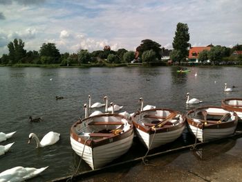 Boats moored in river against sky