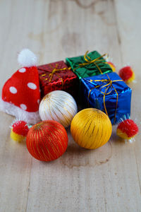 Close-up of christmas decorations on table