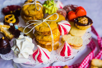 Close-up of dessert served on table