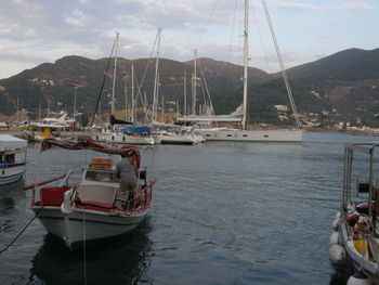 Boats moored at harbor