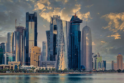 Doha qatar skyline sunset view showing financial district in west bay with modern skyscrapers. 