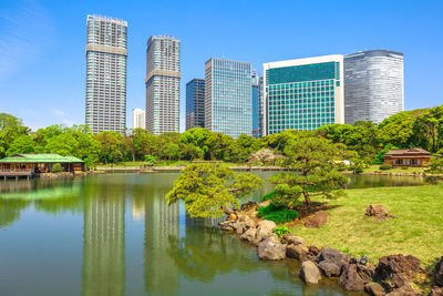 Lake by modern buildings against sky in city