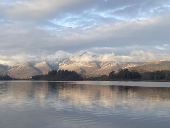 Scenic view of lake and mountains against sky