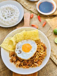 High angle view of breakfast served on table