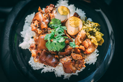 High angle view of food served in plate