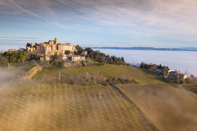 Aerial view of the medieval village of piticchio di arcevia in the province of ancona in the marche 