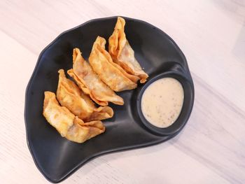 High angle view of breakfast in plate on table