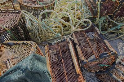 High angle view of fishing net in basket