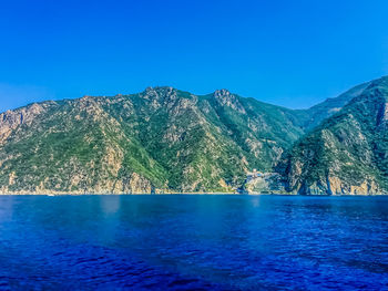 Scenic view of sea against clear blue sky