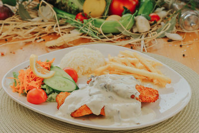 High angle view of food served in plate