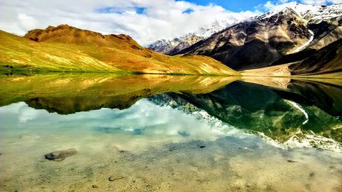 Scenic view of lake and mountains against sky