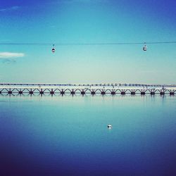 Overhead cable car over sea against blue sky