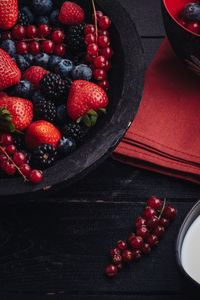 High angle view of strawberries in bowl on table