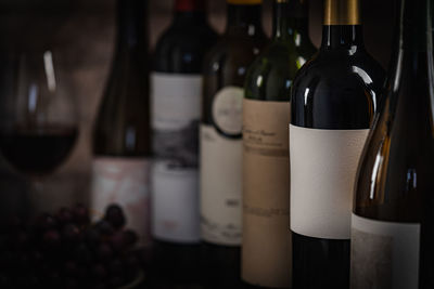 Close-up of wine bottles