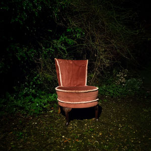 Empty bench on grassy field