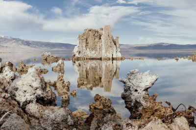 Panoramic view of rocks in lake against sky