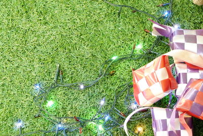 High angle view of christmas decoration on grass