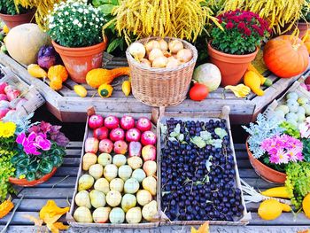 High angle view of fruits and flowers displayed at market stall