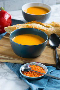 High angle view of soup in bowl on table