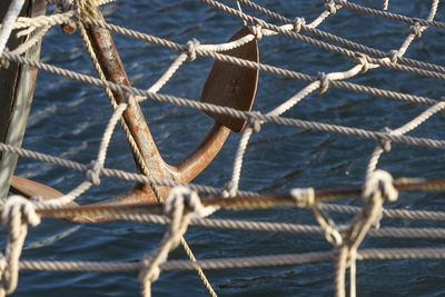 Close-up of rope tied to fence