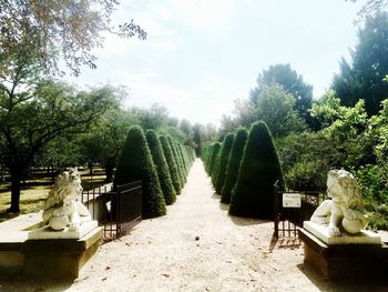 Sculpture in garden against sky