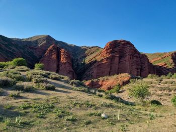 Scenic view of mountains against clear blue sky