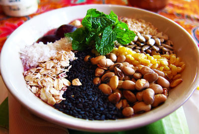 High angle view of food in bowl on table