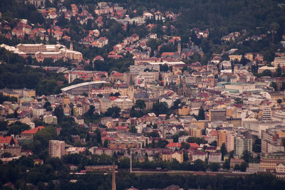 High angle view of townscape and trees in city