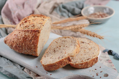 Sliced fresh baked whole grain bread with flax seeds