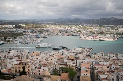 High angle view of city against cloudy sky